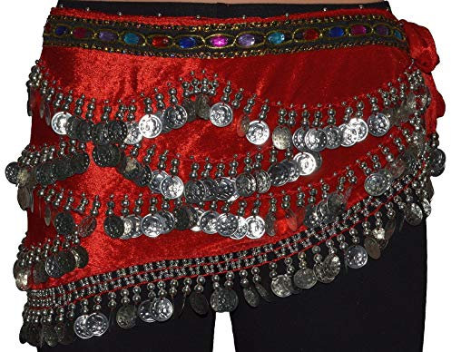 Tanzbekleidung & Accessories Bauchtanz Münzgürtel Samt Hüfttuch Belly Dance Bauchtanzgürtel Karneval Münzen (Rot mit silbernen Münzen)