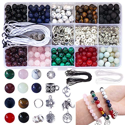 Colle 8 mm Multicolor Natural Stone Semi Precious Stone Beads Lithotherapy Kit for Jewellery with Crystal Bracelet String for Jewellery Making DIY Crafts (418)