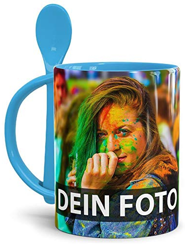 Tasse selbst individuell gestalten/Personalisierbar mit eigenem Foto Bedrucken/Fototasse/Motivtasse/Werbetasse/Firmentasse mit Logo/Löffeltasse Klassik Hellblau - XXL Druck
