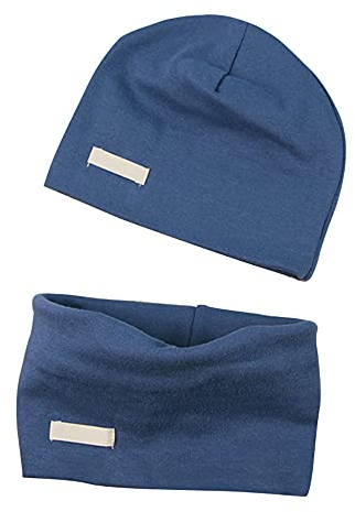 LACOFIA Baby Jungen Mädchen Beanie Mütze und Loop Schal Set Kinder Weiche 100% Baumwolle Strickmützen Kleinkind Hut und Kragen Schals Blau 7-24 Monate