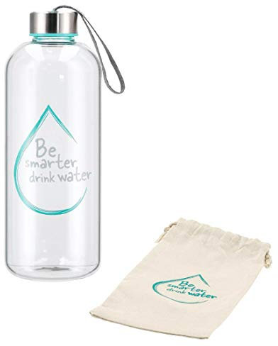 Xavax Glas-Trinkflasche, 1L, Water Power, Glasflasche aus Borosilikat, auslaufsicher, mit Schraubverschluss, Trageschlaufe, Stoffhülle, Glas Wasserflasche türkis