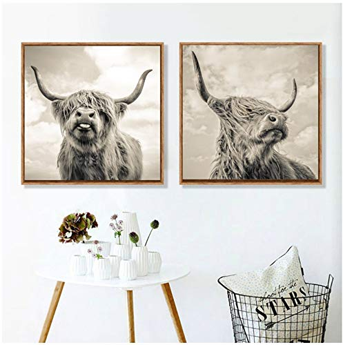 ZMFBHFBH Bild gedruckt auf Leinwand Highland Cow Animal Art Poster Leinwand Malerei Wandbilder für Wohnzimmer 40x40cm (15,7x15,7 Zoll) Kein Rahmen