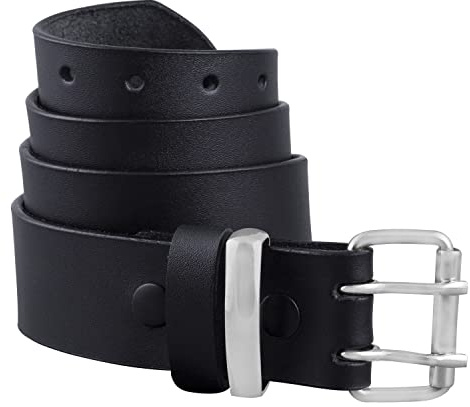 Daskz Leathers Heavy Duty Double Prong Leather Belt for Men – Genuine Leather Jeans/Biker Belt – Silver Roller Buckle – Work Belt – Waist Sizes 30-72