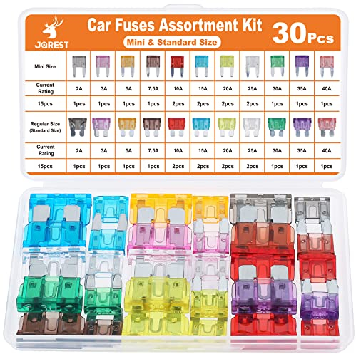 JOREST 30Pcs 12v Mini & Mediano Fusibles Coche Kit - 15 Mini Pequeños Fusible + 15 Mediano Planos Fusible para Coche/Caravanas/Furgoneta/Moto(2A 3A 5A 7.5A 10A 15A 20A 25A 30A 35A 40A)