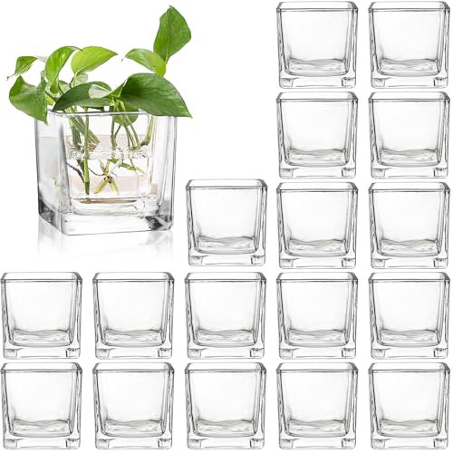 ZEAYEA Set of 18 Small Square Glass Vase, 2.4 x 2.4 Clear Cube Vase for Wedding Centerpieces Home Party Decoration, Square Glass Votive Candle Holder