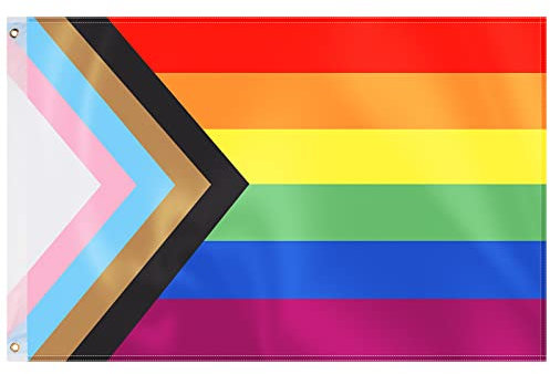 Progress Pride Flag 90 * 150CM, GeeRic Pride Bandiera Arcobaleno LGBTQ2S Striscione Arcobaleno con 2 Fori Colore Vivido Resistente UV Anti-Sbiadito Bandiera Ornamento per Corteo/Feste/Carnevale