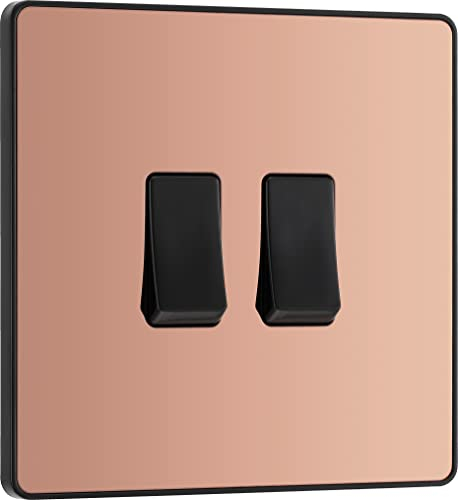 BG Electrical Double Wall Light Switch, 2 Way, Screwless Front Plate, Round Edges, Evolve, Polished Copper, 20A, 16AX, PCDCP42B