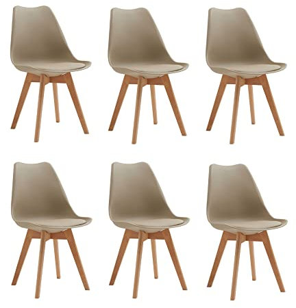 BenyLed Lot de 6 Chaises de Salle à Manger Tulipe Modernes avec Assise Rembourrée et Pieds en Bois de Hêtre Idéal pour Salle à Manger, Cuisine, Salon, Chambre à Coucher, Marron