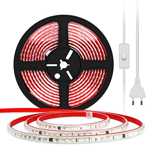 pcning LED Lichtband 230V Direktanschluss 10M Weiss, Sehr Hell LED Strip Selbstklebend mit Schalter 10 Meter IP67 Wasserdicht Streifen (Weiß, 10M)
