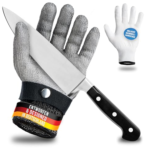 LAUER SCHUTZ ® Gant de protection anti-coupure en fil d'acier inoxydable - grand confort & coupe sûre - pratique, facile à nettoyer & convient pour les aliments - gant en coton inclus (M)