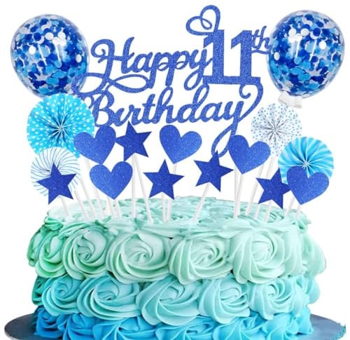 SNOWZAN Décoration de gâteau Happy 11th Birthday - Bleu marine - 11 ans - Pour fille et garçon - Décoration de gâteau 11e anniversaire - Étoile rose - Cœur pour décoration de gâteau