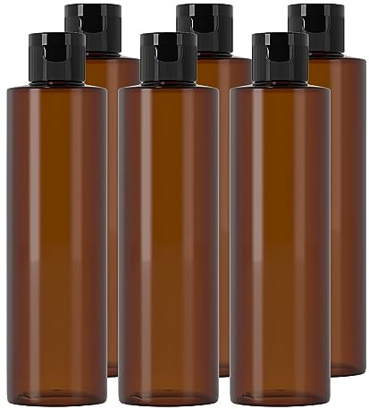 BPZXL Pack of 6, Empty 250ml Refillable Brown Plastic Bottles with Black Flip Cap Bottle for Cosmetic shampoo, conditioner, lotion, shower gel, etc.