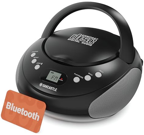 Portable Bluetooth CD Boombox with FM radio | CD, CD-R, CD-RW | 30 Presets | Easy Controls, LED Display, Headphone Jack | OAKCASTLE CD250 (Black)