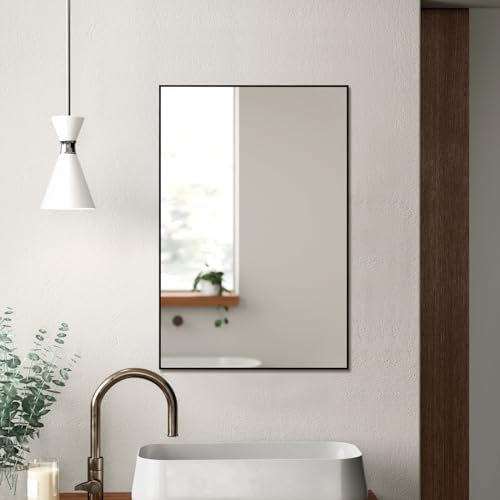 Warmiehomy Bathroom Mirror for Wall Black Rectangular Frame Wall Mounted Mirror for Bedroom Makeup Living Room Entryways Hallway(40cm x 60cm)