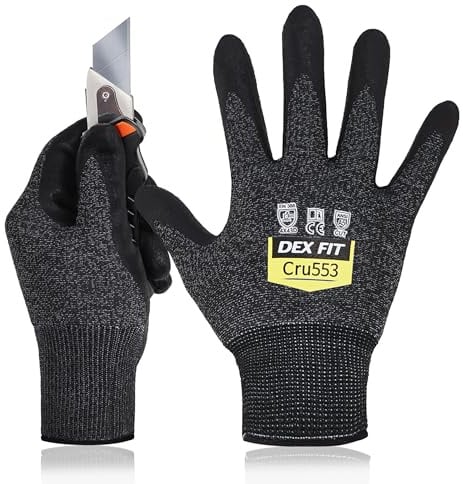 DEX FIT Level 5 Cut Resistant Gloves Cru553, 3D-Comfort Stretchy Fit, Power Grip, Professional Grade, Thin, Touch-Screen Compatible, Durable, Machine Washable, Black Grey 8 (M) 12 Pairs Pack