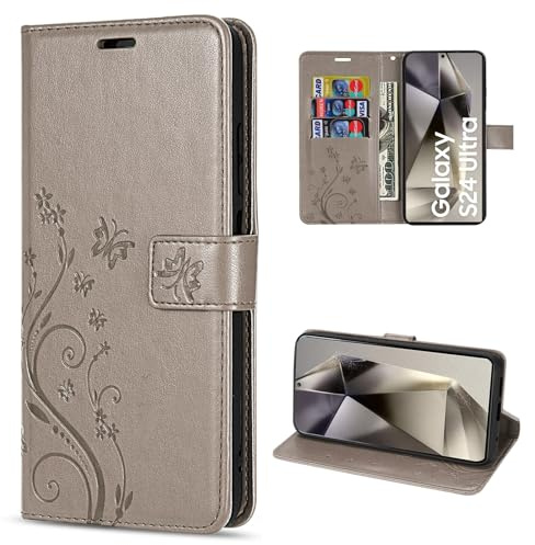 Hülle Kompatibel mit Samsung Galaxy S24 Ultra | Premium PU Leder Handyhülle Wallet Case für Galaxy S24 Ultra | Schutzhülle Blumen Klapphülle Handyhülle | Grau