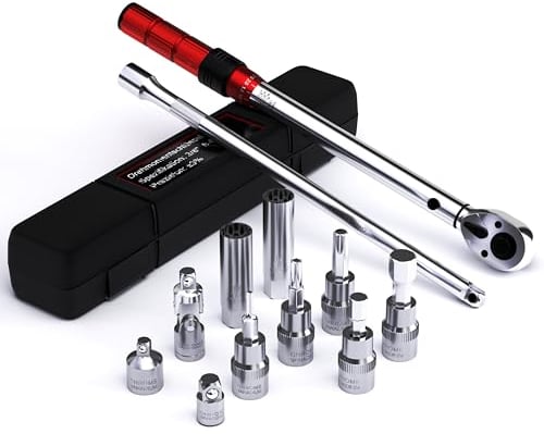 MOCINE Clé Dynamométrique 3/8, 5-60 Nm, Avec Adaptateur 3/8 vers 1/2 et 1/4, Tige d'Extension de 250 mm, Douille de Bougie d'Allumage, Tête à Cliquet, Vélo & Bougies d'Allumage Set de 13 Pièces.
