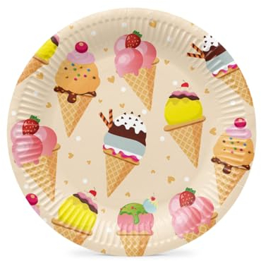 PAW - Platos Desechable para Fiestas (23 cm) I 8 Piezas I Platos de Papel Ideal para Bodas, Comuniones, Fiestas, Cumpleaños I Impresión de Vasos de Papel al Agua I Helado