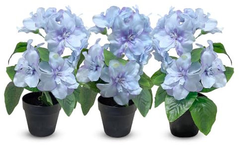 Murago - 3er Set Künstliche Azalee im Topf Blau - Kunstblume Kunstpflanze Pflanzen Blumen Gastro Tischdeko Frühling Dekoration Hellblau für Balkon Hochzeit