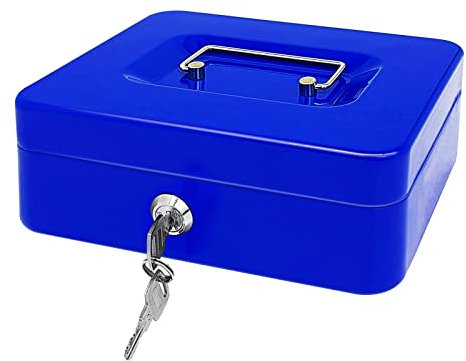 Stahlkassette mit Schlüsselschloss, Metall-Geldkassette mit Geldfach, Geldaufbewahrungsbox mit abschließbarem Deckel (Blau, 25 * 20 * 8.5 cm)…