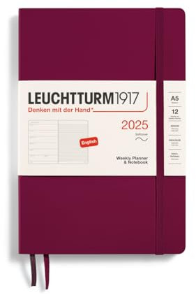 LEUCHTTURM1917 370749 Wochenkalender & Notizbuch Medium (A5) 2025, Softcover, Port Red, Englisch