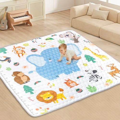 Funsland Tapis de Jeux Bebe, Antidérapant Tapis Rampant Bébé 200x180 cm, Résistant à l'eau Tapis de Motricité Bébé Pliable, Coton Animaux Tapis Eveil Enfants Epais avec Règle, Applicable à Clôture