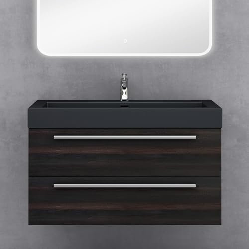 doporro Badmöbel-Set Waschbeckenunterschrank mit Soft-Close in Dunkelgrau 100x48x60cm Quadratto Waschplatz komplett Set inkl. Mineralguss-Waschbecken in matt Anthrazit