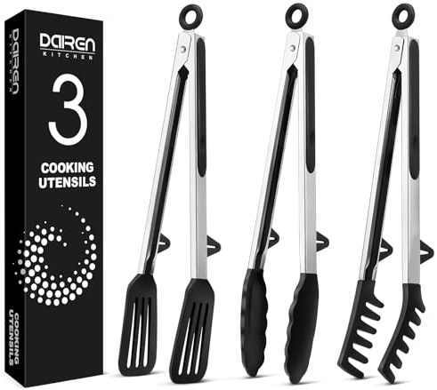 Kitchen Tongs for Cooking, Stainless Steel, Non Scratch Silicone Tip,3 Pack | Built-in Rest, Great for Nonstick Cooking Pans, Food Grade Silicone Mini Serving Tongs, Pull Lock, Black, 12 inch