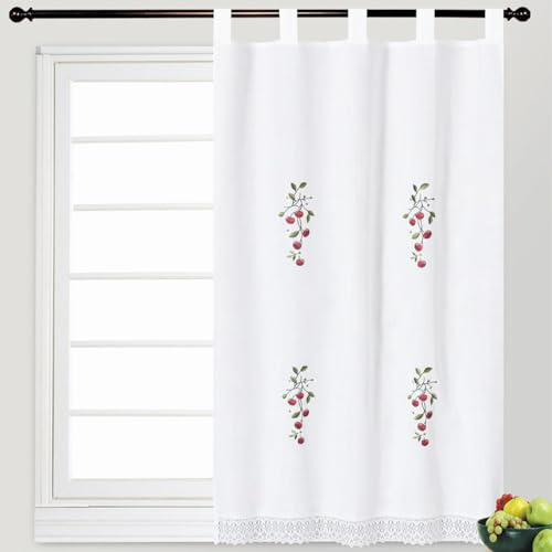GREATOYAR Cortina Cocina, Cocina Visillo con Bordados, Cortina Cocina Translúcida, Visillo Cocina Ventana, Transparente, Tejido Gasa Fina, 1 Pieza, 100x220cm, Cereza