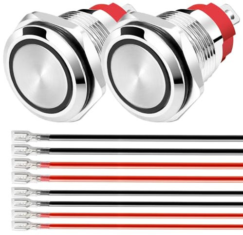 Gebildet 2piezas Pulsador Impermeable con LED Azul Momentáneo 12-24V CC/15A 16mm Interruptor Pulsador de Acero Inoxidable a Prueba de Agua con Cable Conector