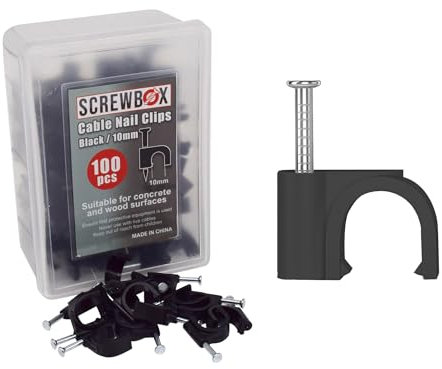 SCREWBOX® Cable Nail Clips, 10 mm 100 Pcs Nail-In Clips, Strong Durable Black Round Cable Tacks, Wall Wire Tidy Holder Pins, for wood | concrete | plasterboard