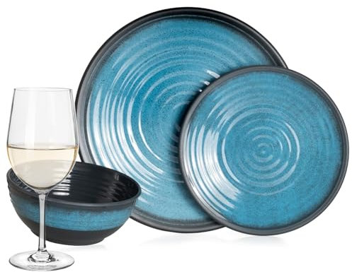 Vaisselle de camping en mélamine pour 4 personnes - Bleu pierre + 4 verres à vin blancs Tiamo - Vaisselle de table pour pique-nique - BBQ