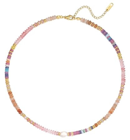Aleasha Rosa Perlenkette Damen Boho Edelstein Kette süßwasserperlen Strand Halskette Edelstahl Handgefertigte Schmuck 38+5cm