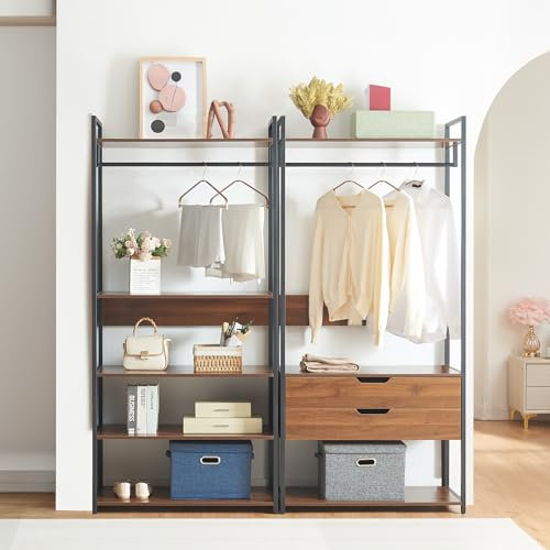 [en.casa] Set di 2 Mobili Organizzatori Guardaroba con Barre Appendiabiti Ripiani e 2 Cassetti Mobili Porta Abiti per Camera da Letto Cabina Armadio - Nero/Effetto Noce