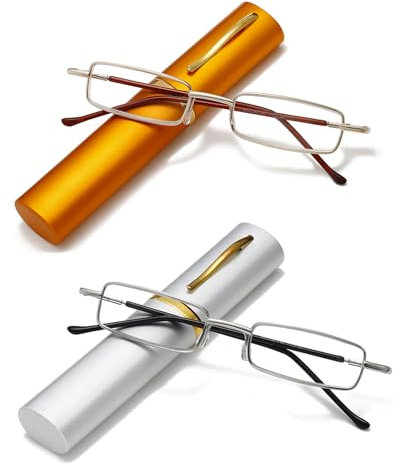 Hubeye 2 Paar Tragbare Lesebrille Damen und Herren Ultraleichtem Kompakt Lesehilfe aus Metallrahmen Schmal Metallbrille mit Brillenetui 2.50