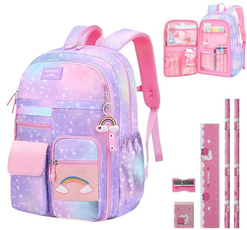 Schultasche Mädchen Mit Schreibwaren Set, 35L Kühlschrank Tür Kinder Rucksack für Die Grundschule, Leichte Rosa Kawaii Rucksack für 8-15 Jahre Alt (Lila)