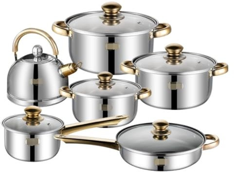 NSTVVEE Juegos de Utensilios de Cocina, Juego de Utensilios de Cocina de 6 Piezas, sartén, Cacerola para Leche, Olla para Sopa, Cacerola, Tetera, Juego de ollas de Cocina de Acero inoxidab
