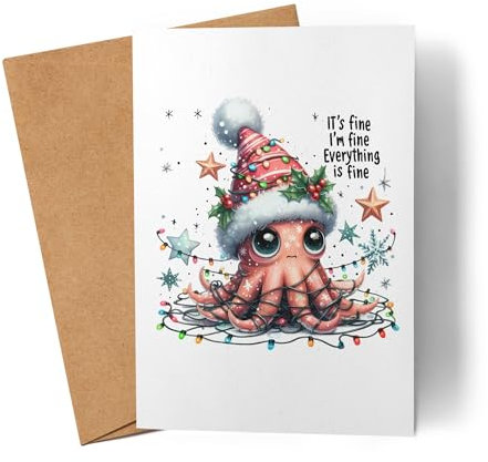 Lilavie-Design It's Fine I'm Fine Everything is Fine Lustiges Oktopusmotiv Karte Weihnachtskarte witziges Design Weihnachten