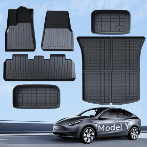 LANTU Fußmatten 6 Pcs für Tesla Model Y Allwetter 3D Hoher Rand rutschfest Wasserdicht TPE Kofferraummatte 3-lagiges Design für Model Y 2021-2024 Zubehör