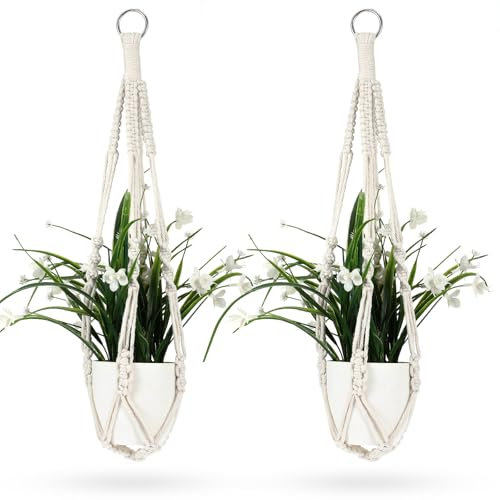 2er Set Blumenampel Innen, Blumenampel Makramee aus Baumwollseil, 50cm Boheme-Pflanzenhänger mit Metallringen & Aufhängung für Heimdekoration– Weißes Handgeflochtenes Design