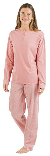 TRAMAS+ Pigiama Donna Lungo, 100% Cotone, con Maniche Lunghe e Pantaloni Lungi per Donna, Completo da Notte, Pigiama Donna Primavera - M, Santi Rosa