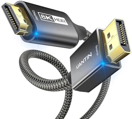 UANTIN DisplayPort to HDMI 8K Cable (8K@60Hz,4K@120Hz,2K@144Hz) 10FT DP 1.4 (Source) to HDMI 2.1 (Display) Uni-Directional Display Port Braided Cord Support HDCP2.3/HDR10/DSC for PC, AMD, NVIDIA