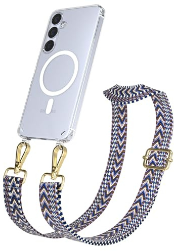 EAZY CASE Handykette - Verstellbares Taschenband kompatibel mit Galaxy S25 Plus, Schulterriemen, Handykordel mit Silikon Hülle, Qi Charging kompatibel, Umhängetasche, Blau Weiß Gold