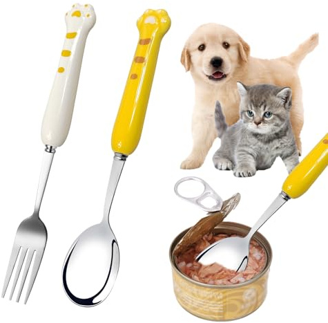 Pet Food Spoon, Long Pet Can Spoon and Dog Food Fork Stainless Steel Cat Food Spoons Fork Dog Cat Feeding Spoons for Wet Foods (White Yellow)
