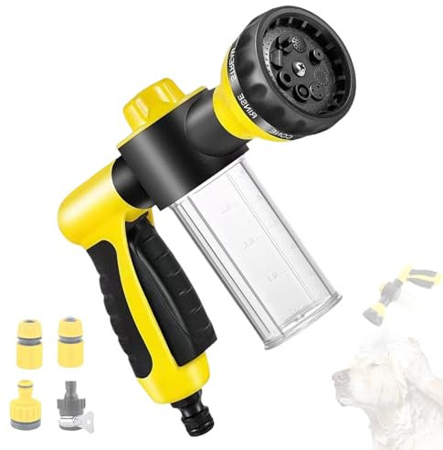 Pistola de Riego Con Depósito de Jabon, Boquilla de Espuma de Pulverización de Alta Presión Ajustable En 8 Modos para Lavado de Coches, Duchas para Mascotas,Riego de Plantas