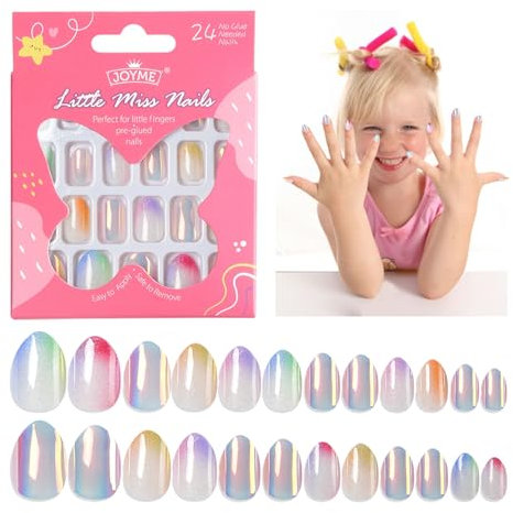 24PCS Stick on Nails, Trendy Glitter False Nails for Ages 5-12, Pre-glue Full Cover Short Nails for Girl Birthday Parties, Makeovers & Dress Up