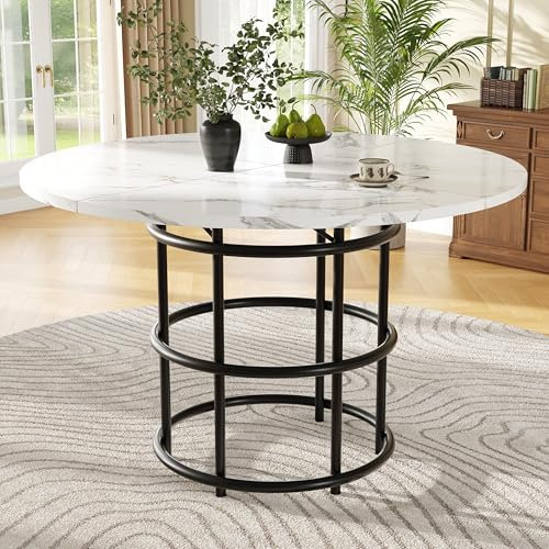 Merax Esstisch Rund, Marmormuster Esstisch, für 4-6 Personen, Metallrahmen, Ring Tischbeine, geeignet für Restaurant,Wohnzimmer,Küche,Esszimmer,Gardn, Weiß/Schwarz, 100×100×76cm