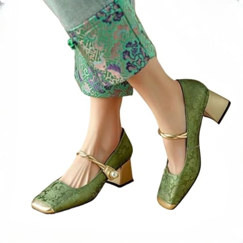 Scarpe da sera Mary Jane da Donna con tacco medio spesso primaverili ed estive con suola spessa tacco basso e testa quadrata classiche scarpe da donna eleganti (Verde,38)