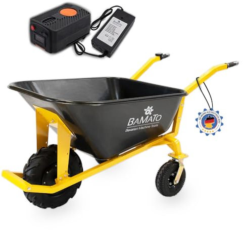 BAMATO elektrische Schubkarre MTR-200 | 200 kg Tragkraft | 5 Stunden Arbeitszeit (Opt. bis zu 10 Stunden) | 400W Elektromotor | 160 Liter Mulde | Schubwagen Schubkarre Elektrowagen
