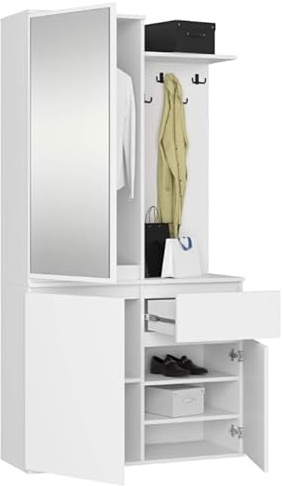 BDW ENTRO Flurgarderobe-Set mit Spiegelschrank, 95 x 183 x 35 cm, Schuhablage, Kleiderhaken, Saal, (Weiß)